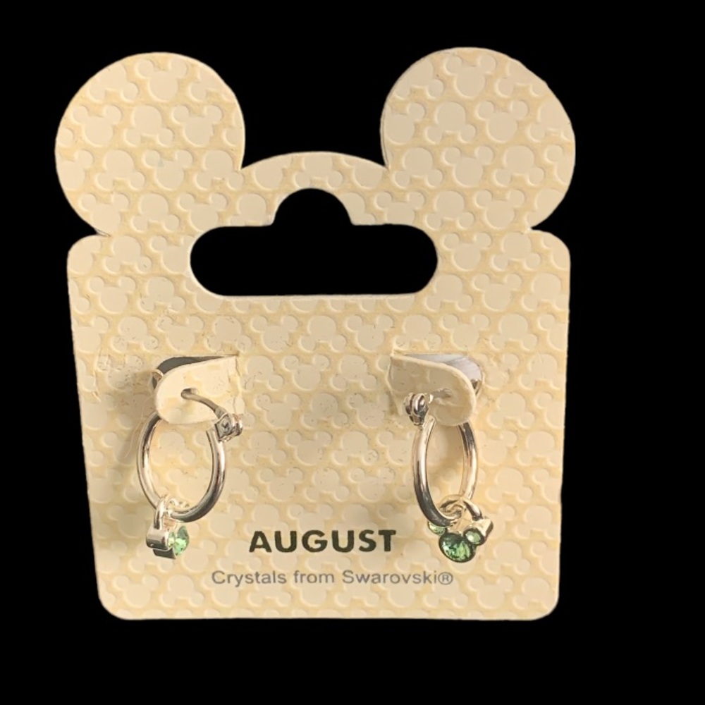 DISNEY MICKEY MOUSE Swarovski Birthstone silver hoop earrings/August Peridot NWT